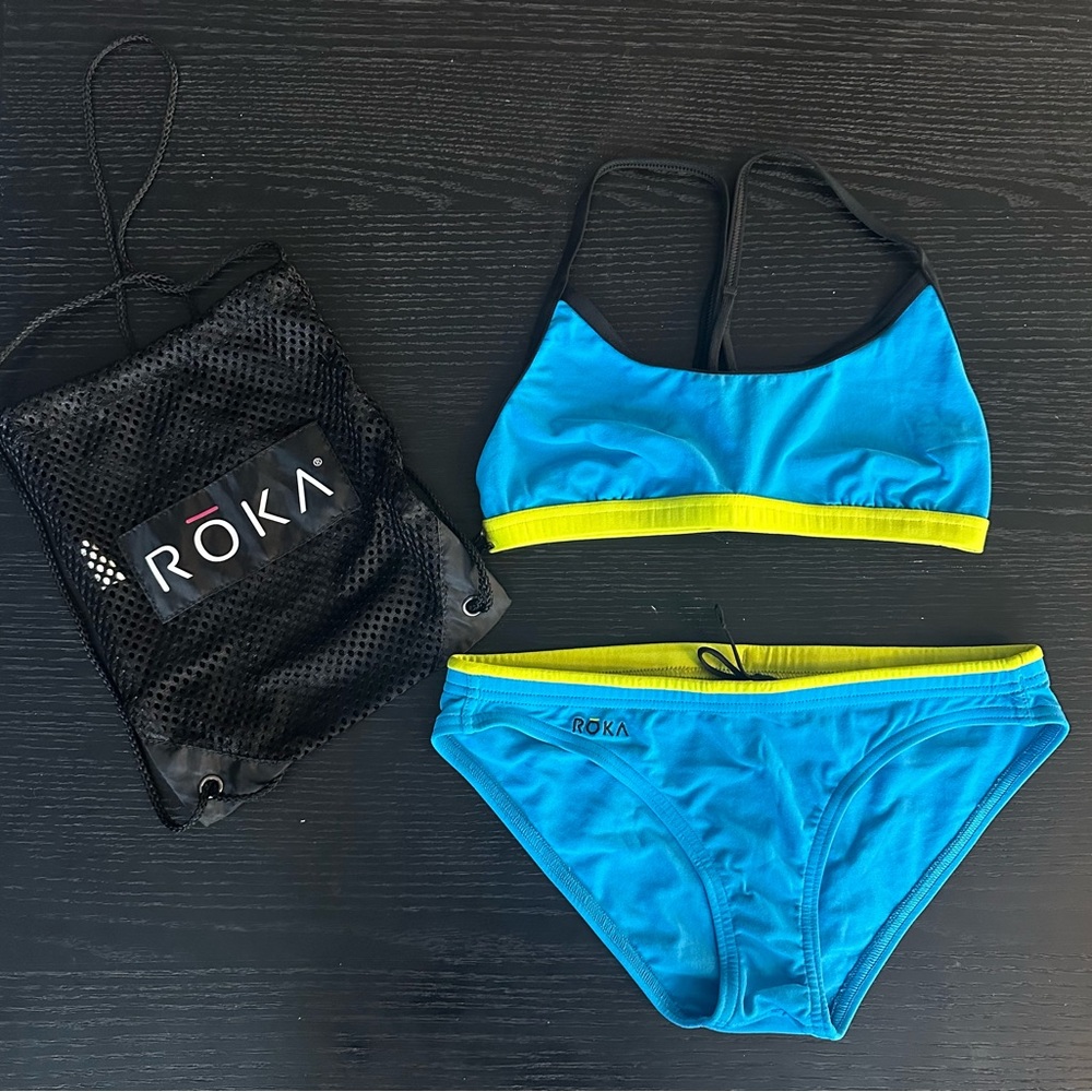 ROKA two-piece swimsuit
Size: 34 (medium)
Color: blue & yellow